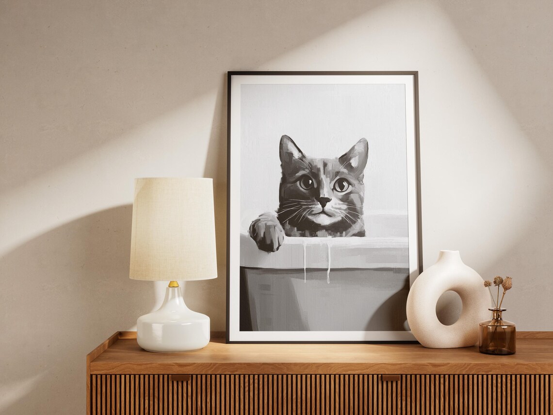 Bengal Cat Peeking Over Bathtub Black and White Funny Poster - Image 4