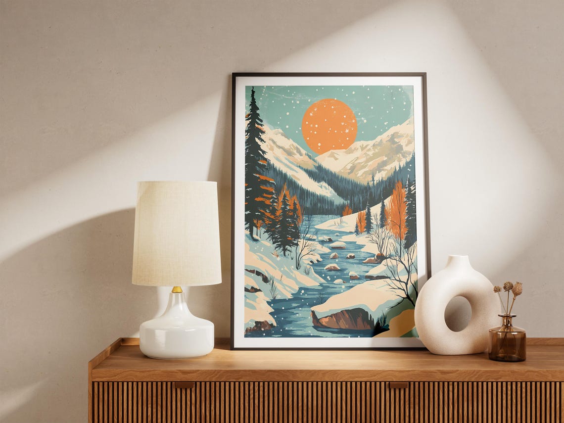 Icy River Winding Through a Snowy Valley at Golden Sunset Poster - Image 5
