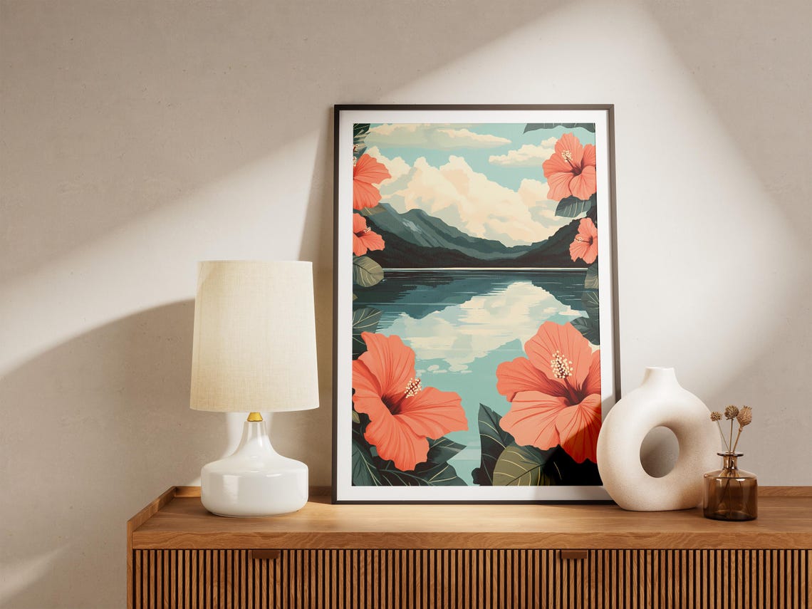 Coral Hibiscus Lake Mountain Landscape Tropical Scenic Poster - Image 5
