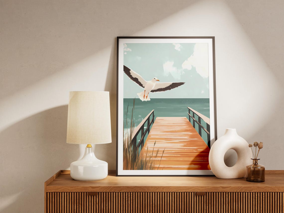 Seagull Flying Over Beach Boardwalk Ocean Coastal Scene Poster - Image 4