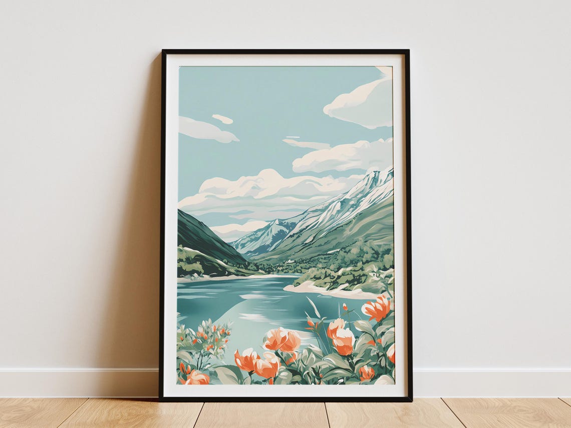 Turquoise Alpine Lake With Orange Tulips Beneath Snowy Peaks Poster