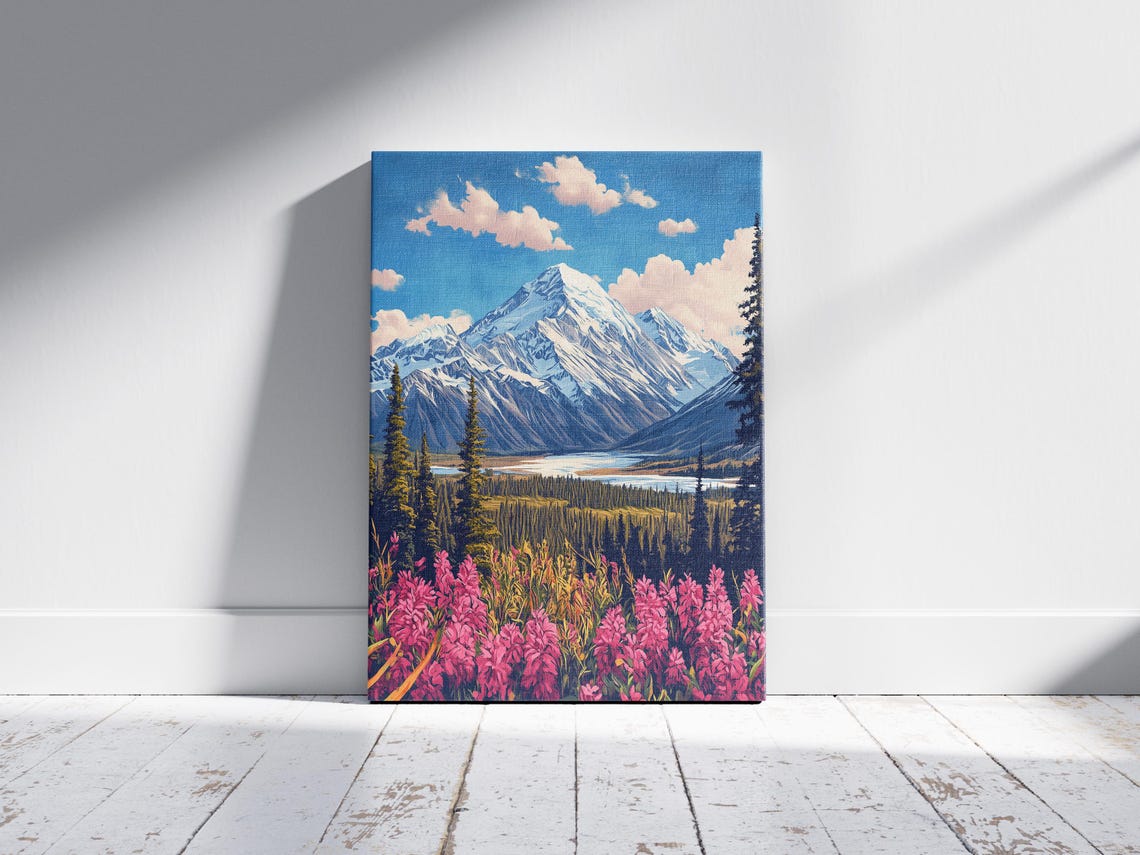 Snowy Mountain Peak Pink Wildflowers Alpine Valley Meadow Poster - Image 2