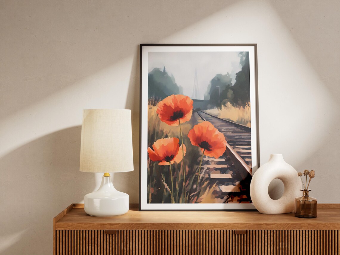 Red Poppies by Train Tracks Misty Railway Flower Art Scene Poster - Image 5