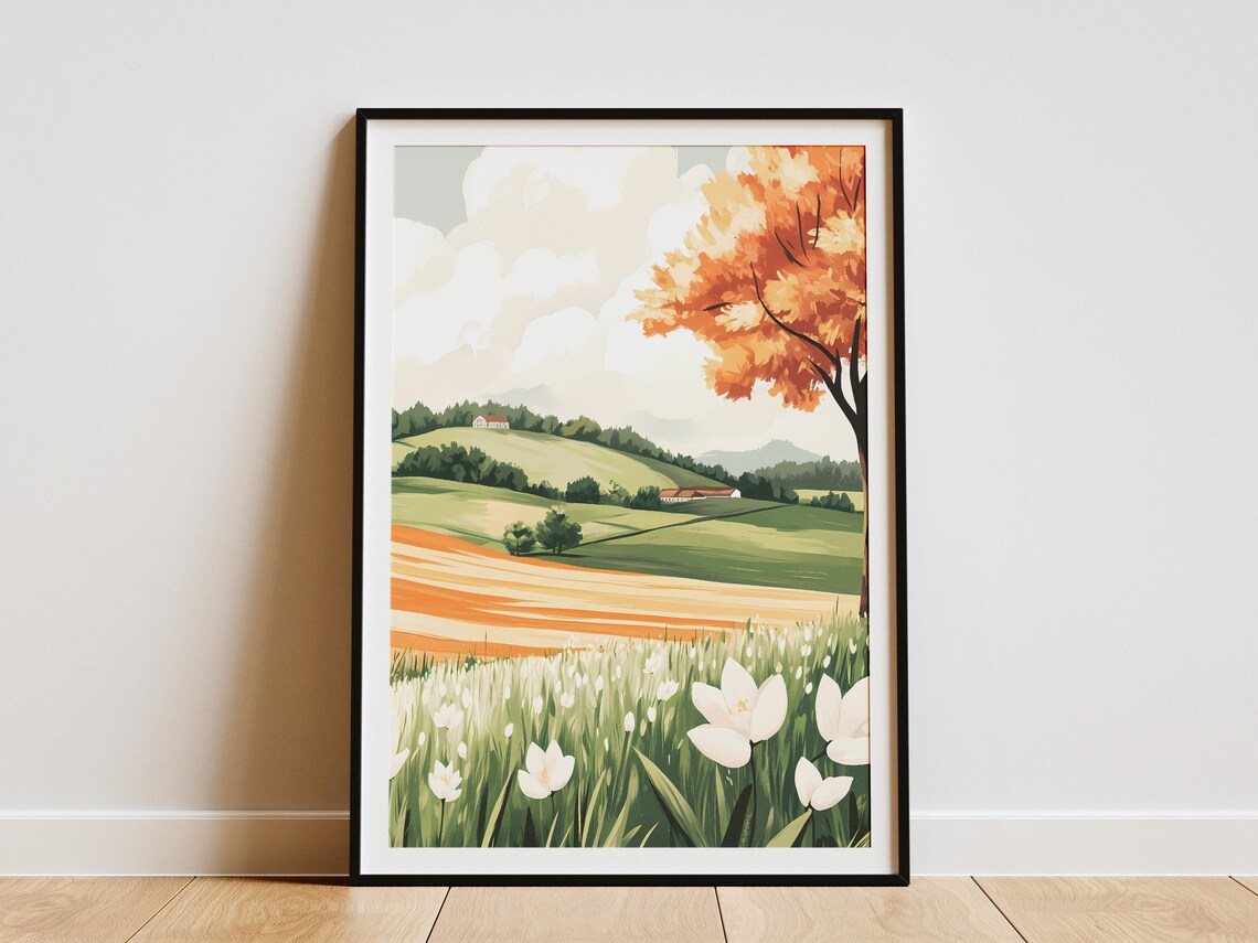 Spring Farm Countryside With White Flower Meadow Village Poster