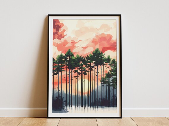 Spring Sunrise Forest Poster Calm Nature Art Print Modern Minimalist Landscape Peaceful Trees Painting Orange Pink Sunset Scene Home Decor