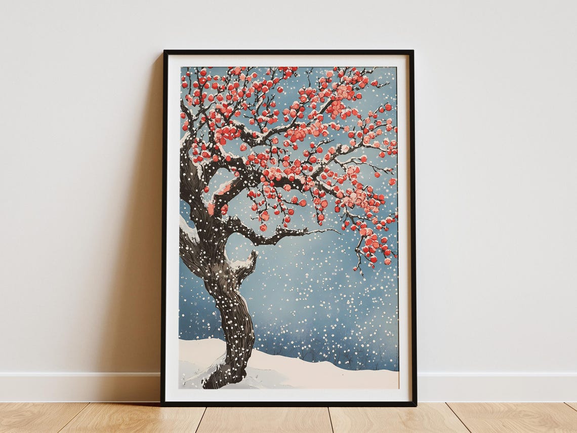 Snow Covered Plum Tree Red Blossoms Falling Snow Night Poster