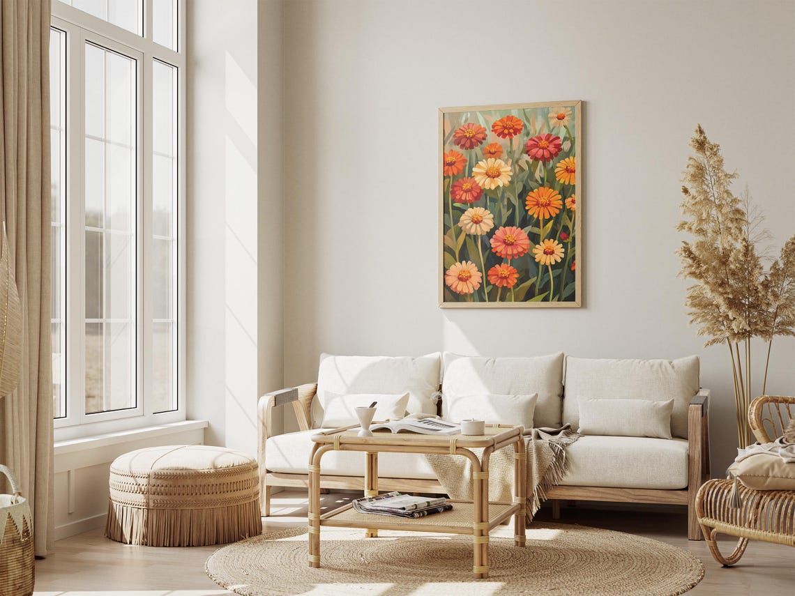 Zinnia Flower Field Warm Painterly Botanical Summer Wall Poster - Image 4