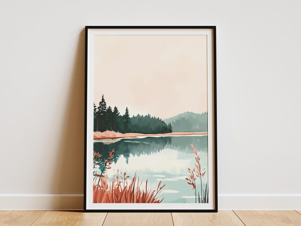 Dawn Lake With Pine Forest Mirror Reflection Landscape Poster
