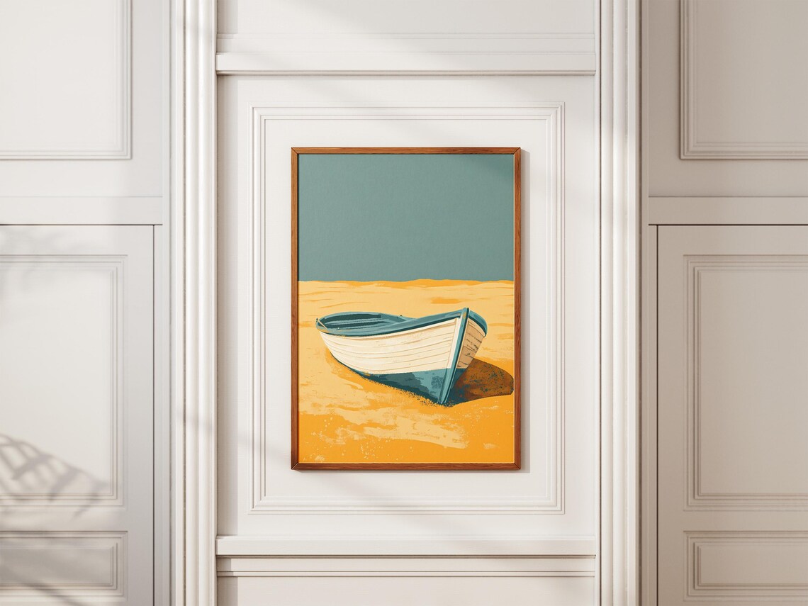 White Rowboat On Golden Sand Beach Minimalist Nautical Poster - Image 2