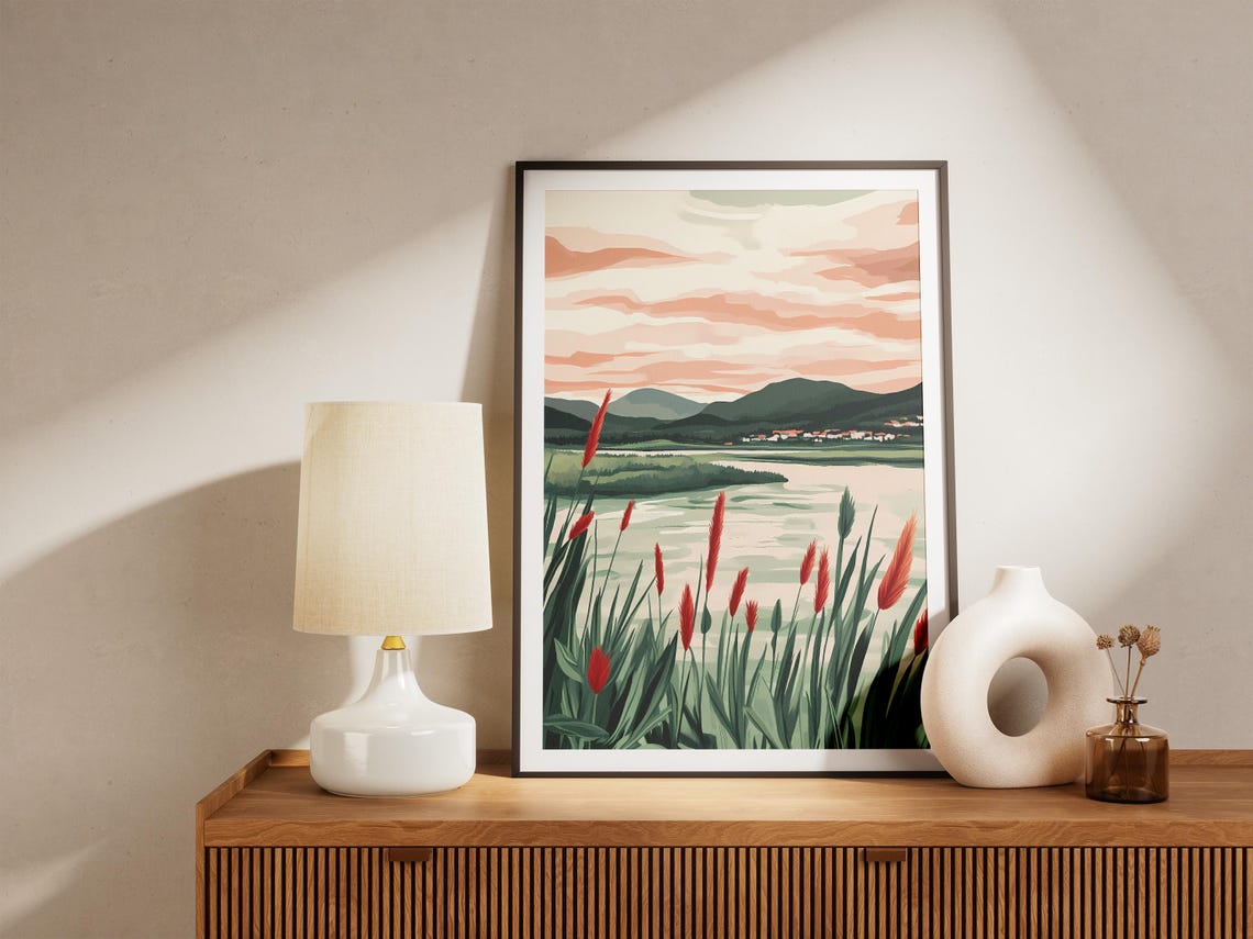 Crimson Cattail Reeds by a Calm Lakeside Meadow Sunset Poster - Image 5