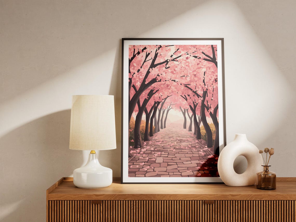 Cherry Blossom Tunnel Over a Cobblestone Path Poster in Spring - Image 5