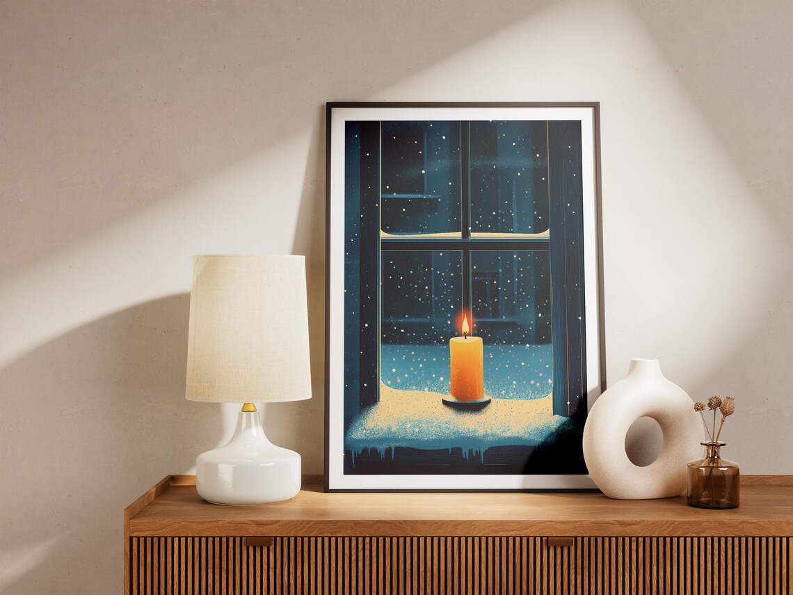 Glowing Candle on a Snowy Night Windowsill in Navy Blue Poster - Image 5