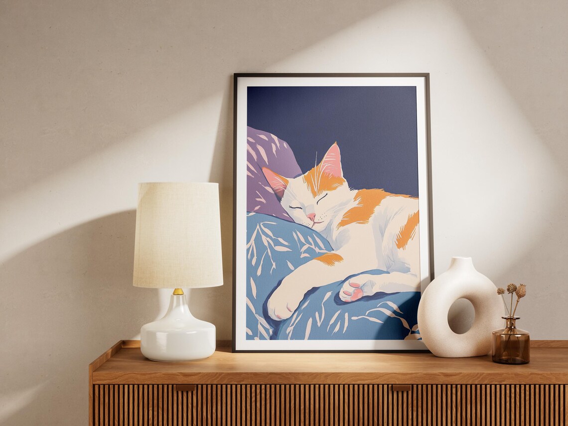 White and Orange Cat Sleeping on Blue Pillow Night Art Poster - Image 4