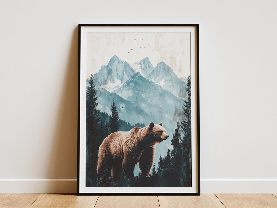 Brown Bear in a Mountain Landscape Teal Hued Wildlife Poster