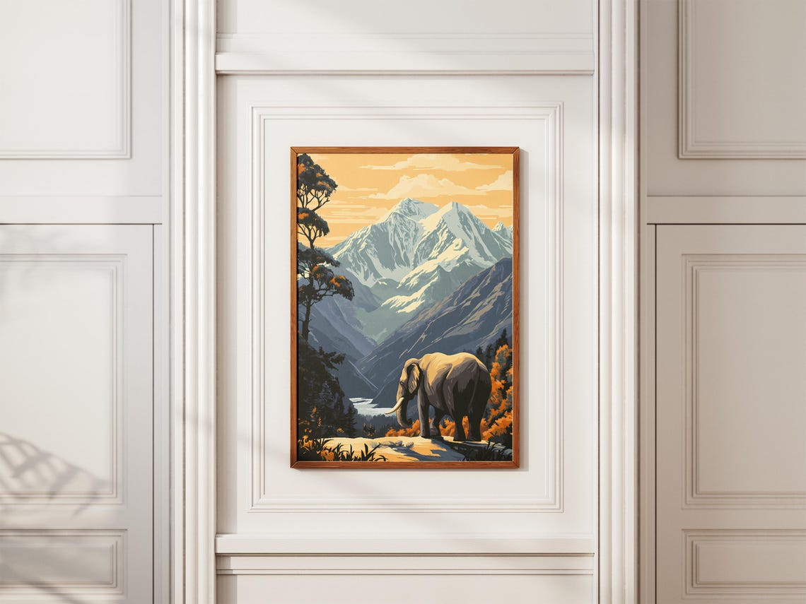 Elephant Gazing At Snow Capped Himalayan Peaks Vintage Poster - Image 2
