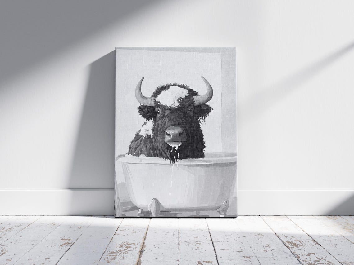 Bison In Bathtub Poster Bathroom Art Print Animal Wall Decor Funny Black And White Minimalist Bubble Bath - Image 2