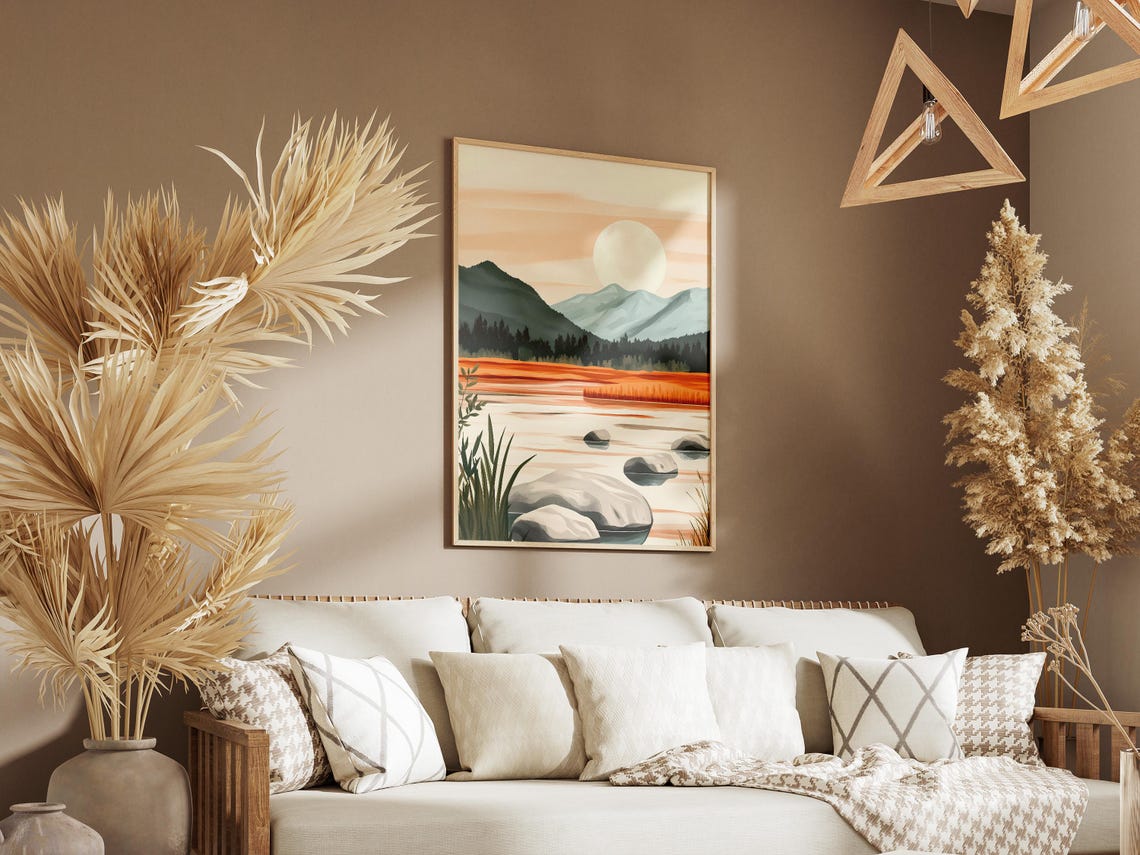 Moonrise Over Rocky Lake Shore Orange Water Evening Scene Poster - Image 3