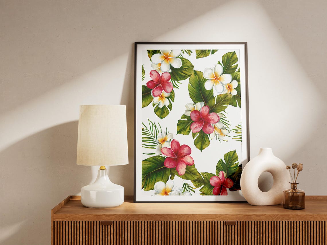 Watercolor Tropical Floral Pattern Plumeria Monstera Leaf Art Poster - Image 4