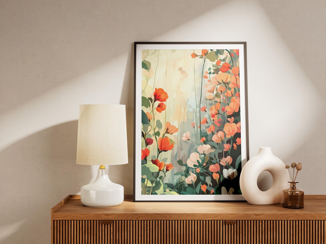 Orange Sweet Pea Blossoms Climbing a Garden Trellis Art Poster - Image 5
