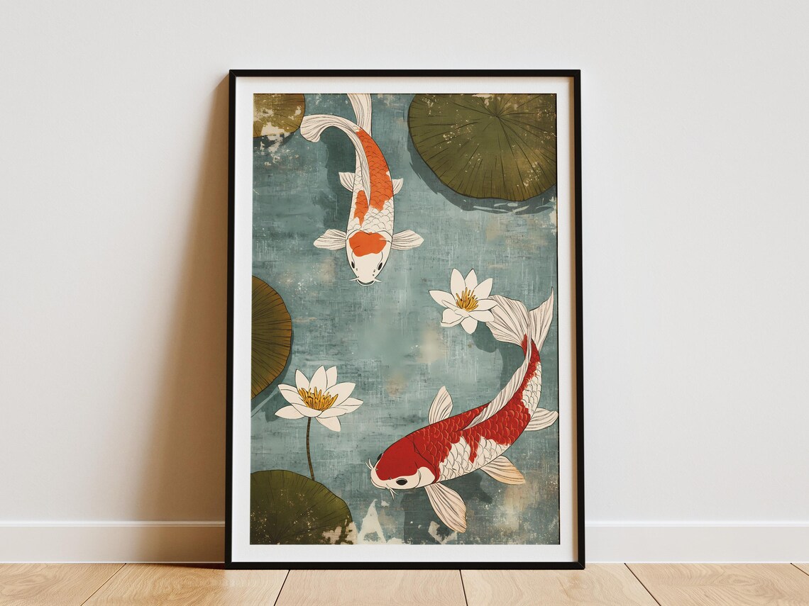 Koi Fish Pond Lotus Blossoms Lily Pads Japanese Painting Poster