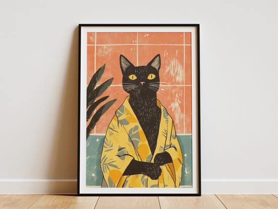 Oriental Shorthair Cat Bathrobe Poster Funny Bathroom Wall Art Print Quirky Animal Illustration Home Decor Paper