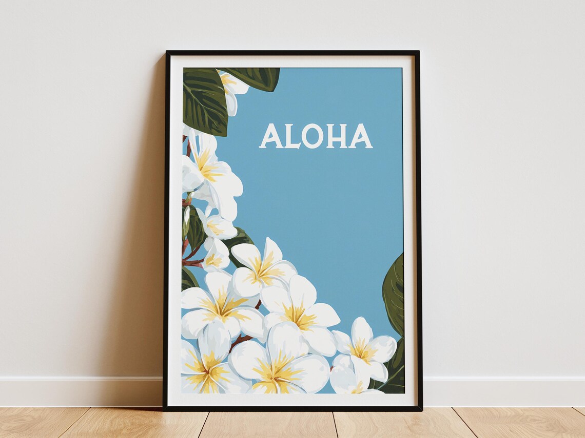 Hawaii Aloha Plumeria White Flowers Blue Tropical Floral Poster