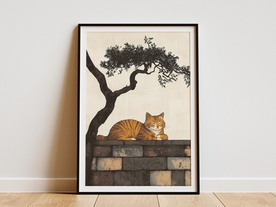 Sleeping Orange Tabby Cat on Stone Wall Beneath a Black Pine Art Poster