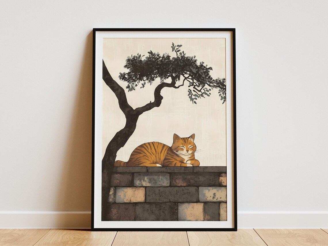 Sleeping Orange Tabby Cat on Stone Wall Beneath a Black Pine Art Poster