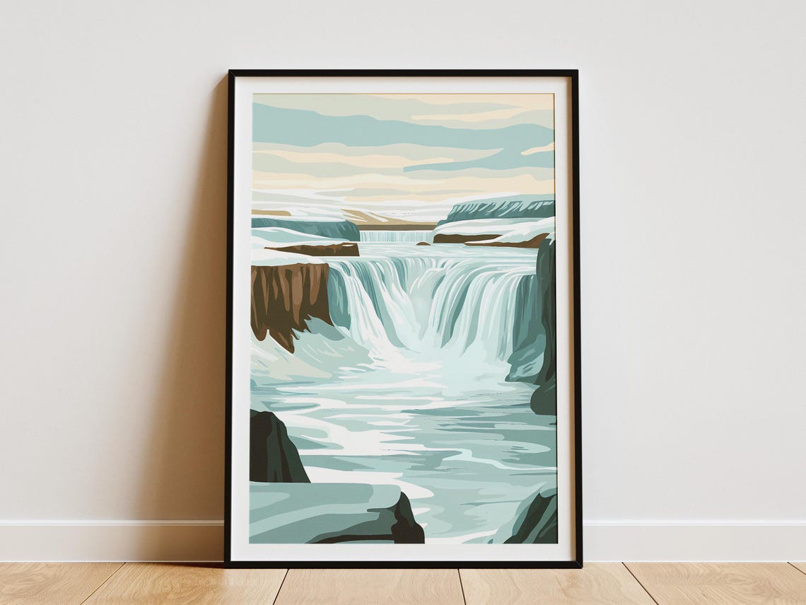 Iceland Gullfoss Waterfall Icy Winter Cascade Nature Travel Poster
