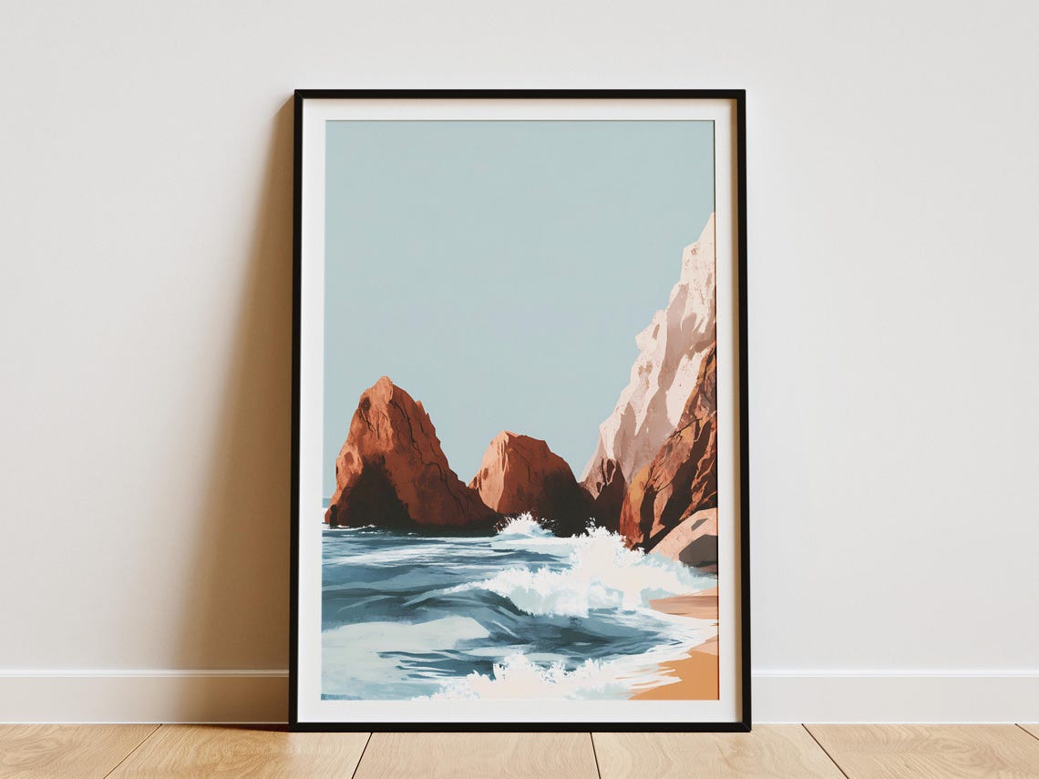 Crashing Ocean Waves Against Rust-Red Sea Stacks at Sunset Poster