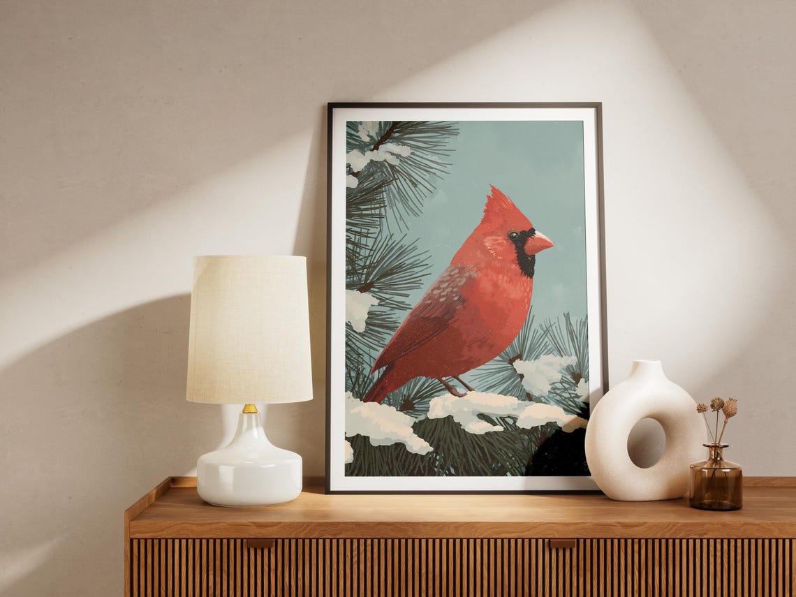 Red Cardinal Perched On Snowy Pine Winter Bird Nature Poster - Image 4