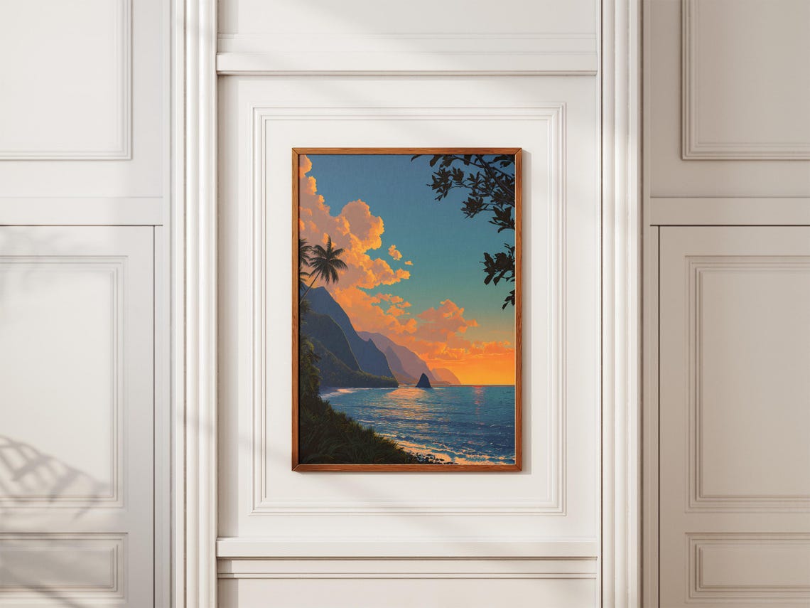 Molokai Sunset Dramatic Orange Clouds Over Ocean Coastline Poster - Image 2