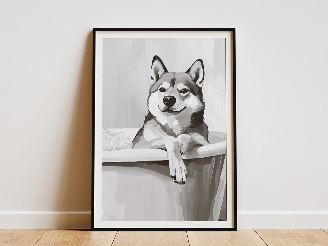 Smiling Shiba Inu Bubble Bath Minimalist Dog Bathroom Poster
