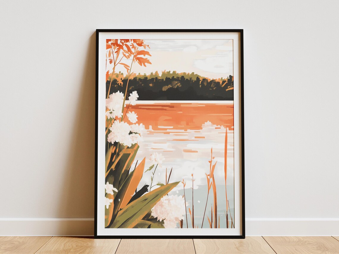 Lake Sunset With White Flowers And Orange Leaves Nature Poster