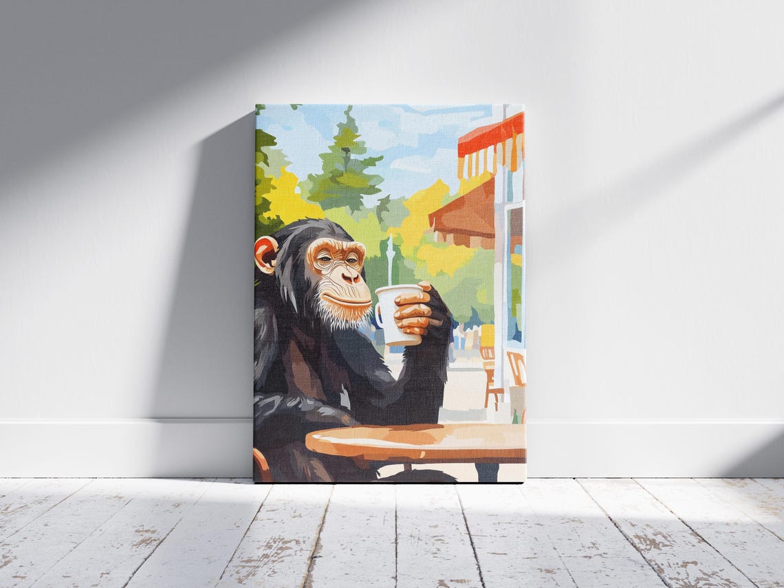 Chimpanzee Holding a Coffee Mug at Sunny Cafe Terrace Poster - Image 2