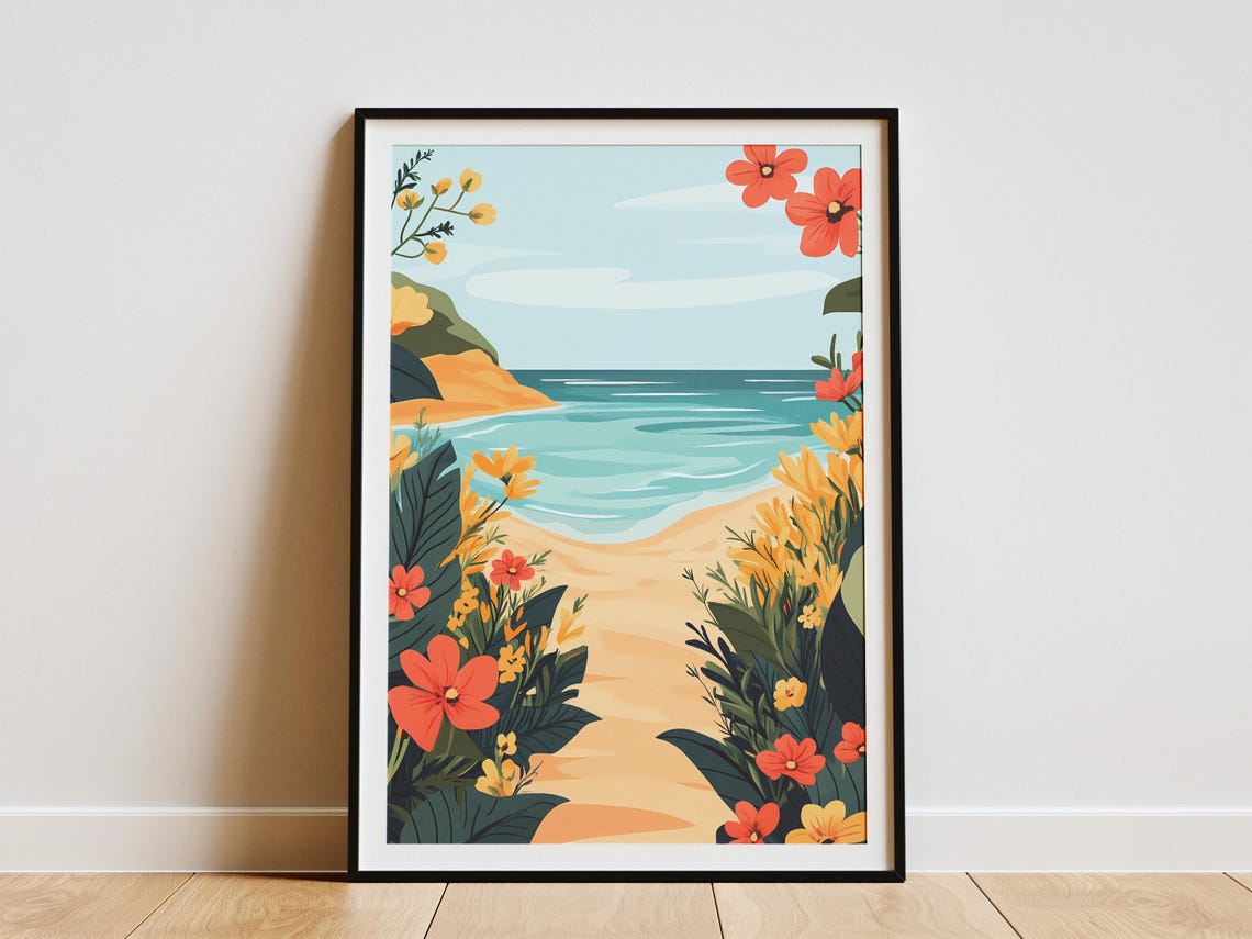 Beach Path Through Tropical Flowers Summer Coastal Illustration Poster