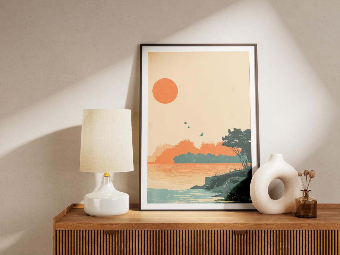 Minimalist Sunset Over Water with Birds Silhouette Art Poster - Image 5