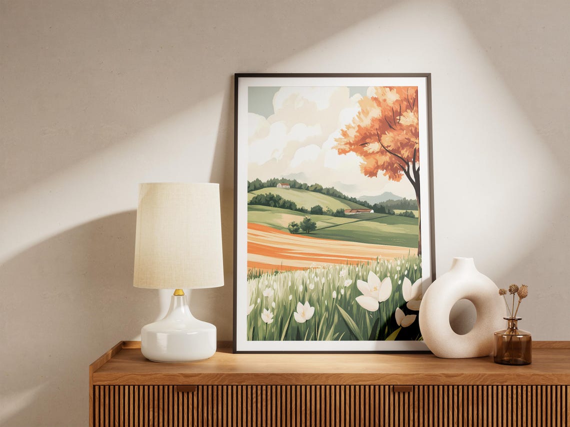 Spring Farm Countryside With White Flower Meadow Village Poster - Image 5