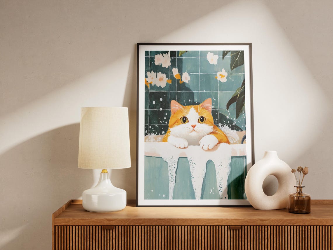 Orange Cat Bubble Bath Foamy Tub Teal Tiles Cute Funny Poster - Image 4