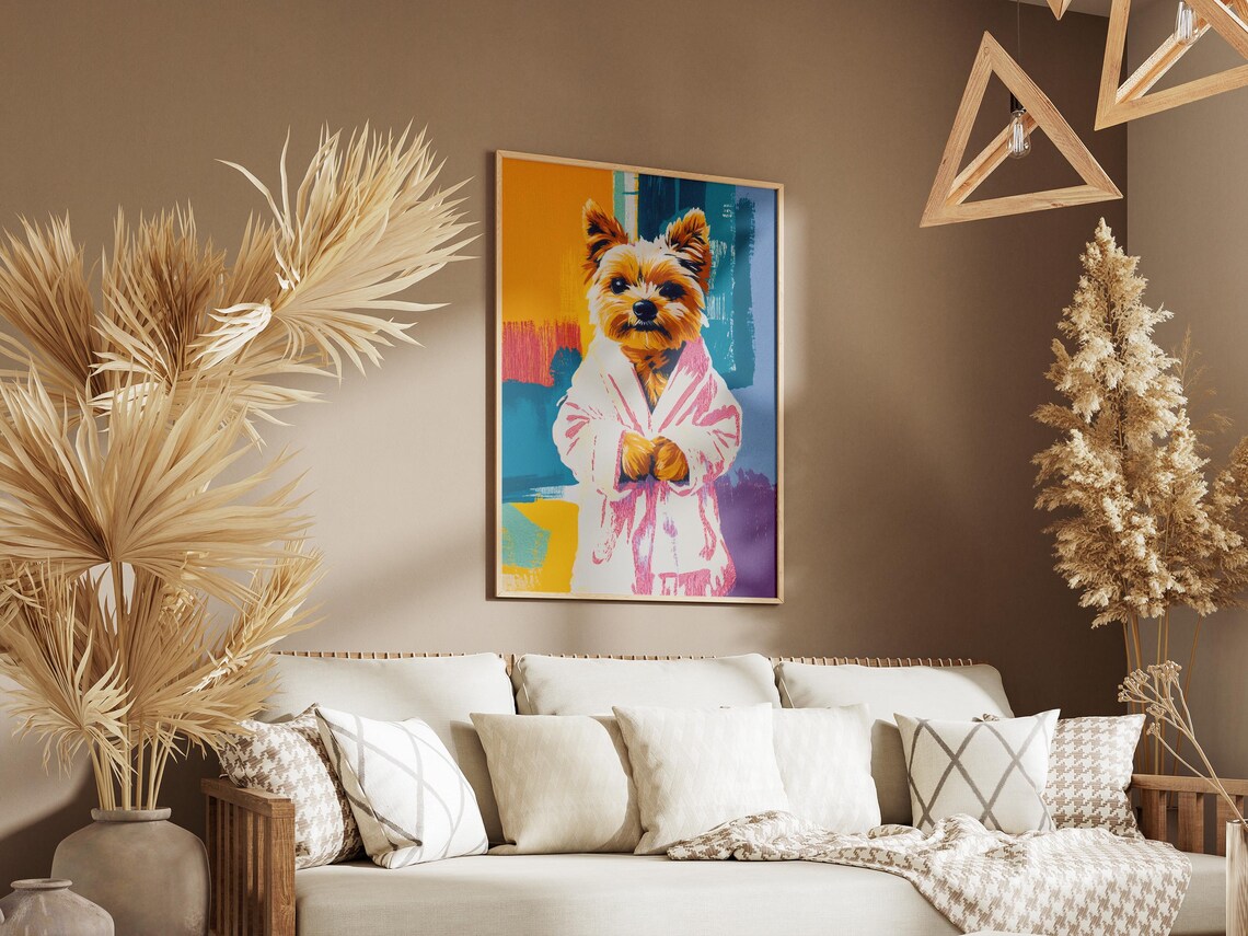 Cute Yorkie in Pink Robe Colorful Pop Art Dog Portrait Poster - Image 3