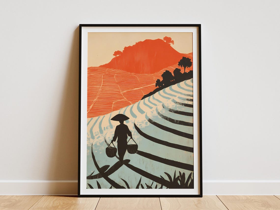 Asian Rice Terrace With Farmer Silhouette at Sunset Abstract Poster