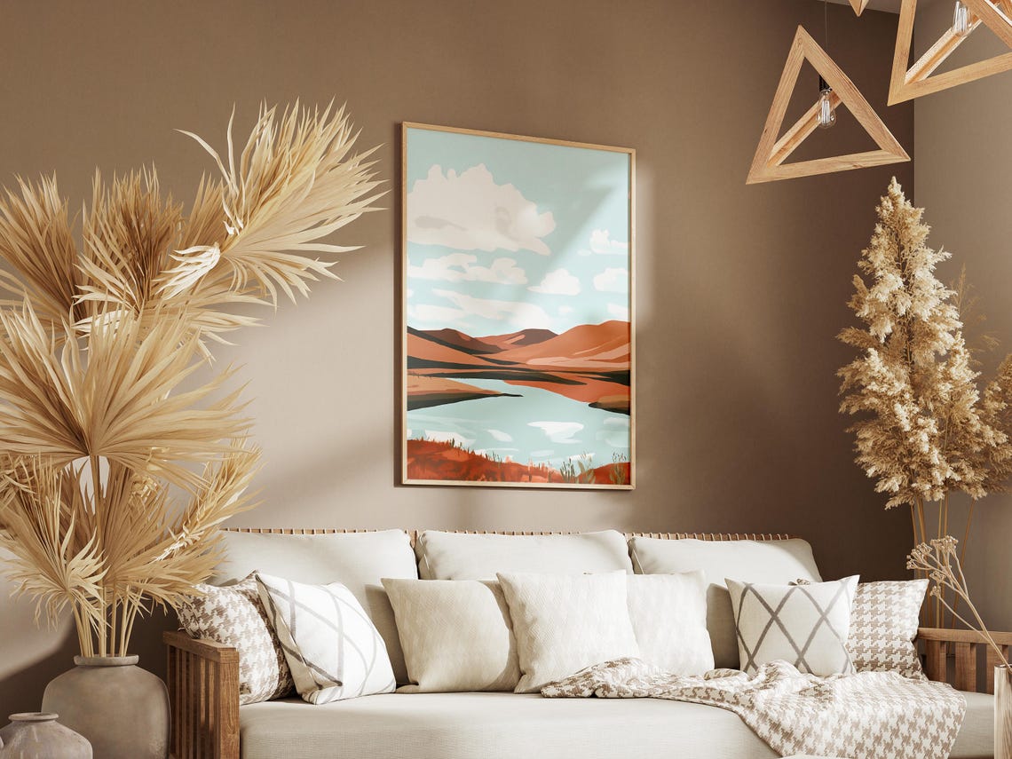 Mongolia Steppe Hills and Pale Blue Lake Art Poster Scenic Modern - Image 3
