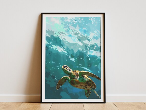 Sea Turtle Poster Ocean Animal Print Watercolor Ocean Art Green Blue Minimalist Wall Decor