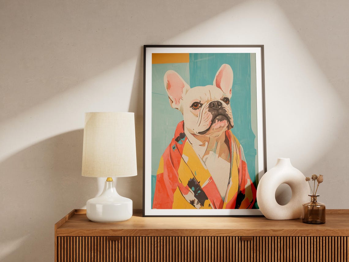 French Bulldog Red Patterned Bathrobe Teal Modern Cute Dog Art Poster - Image 4