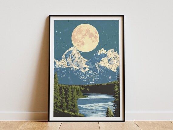 Grand Teton Wyoming Moonlit River Valley Pine Forest Night Landscape Poster