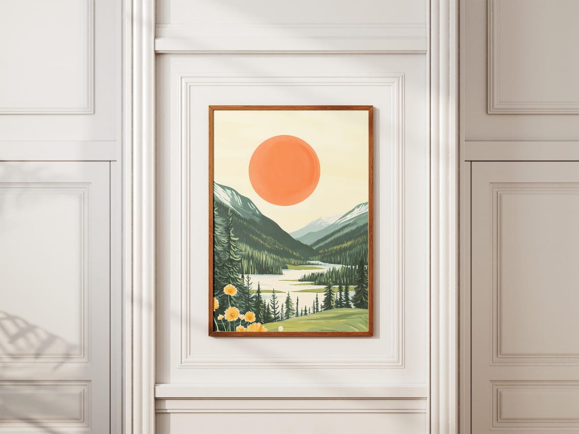 Big Orange Sun Shining Over a Mountain Lake With Pines Poster - Image 2