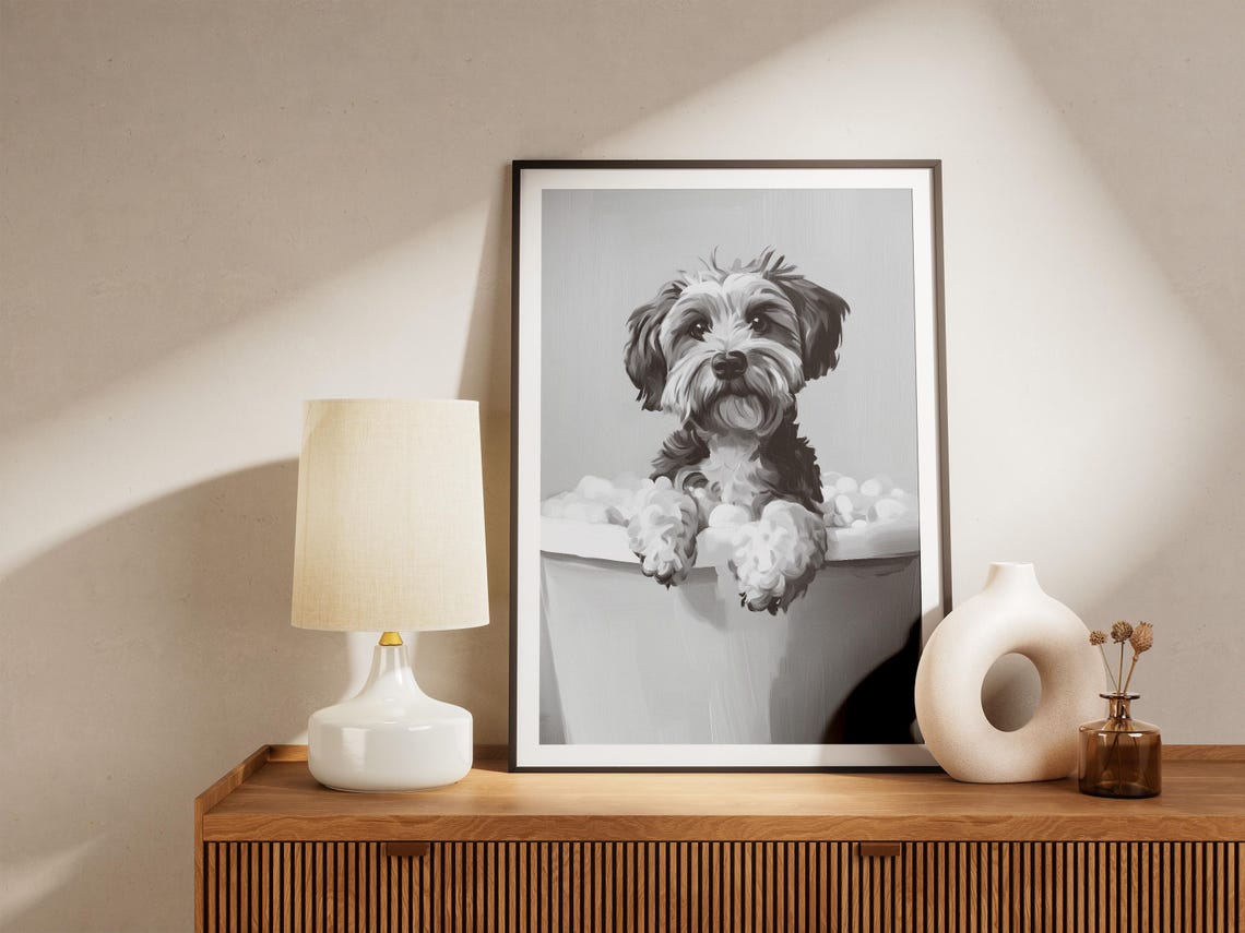Havanese Puppy in Bubble Bath Black and White Cute Dog Decor Poster - Image 4