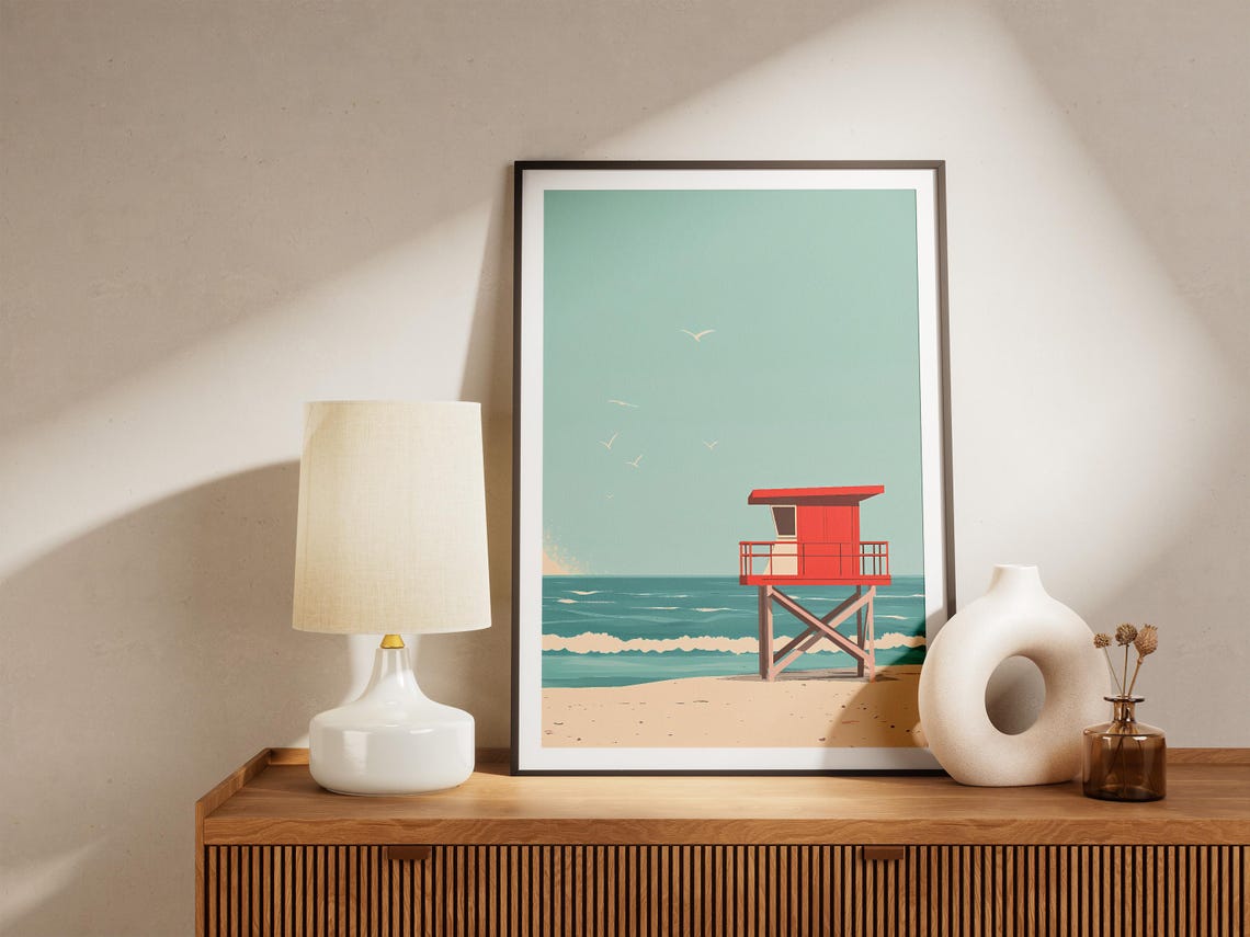 Red Lifeguard Tower Retro Beach Summer Coast Seagulls Art Wall Poster - Image 5
