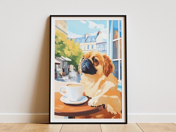 Fluffy Pekingese Dog with Coffee Overlooking Paris Rooftops Poster