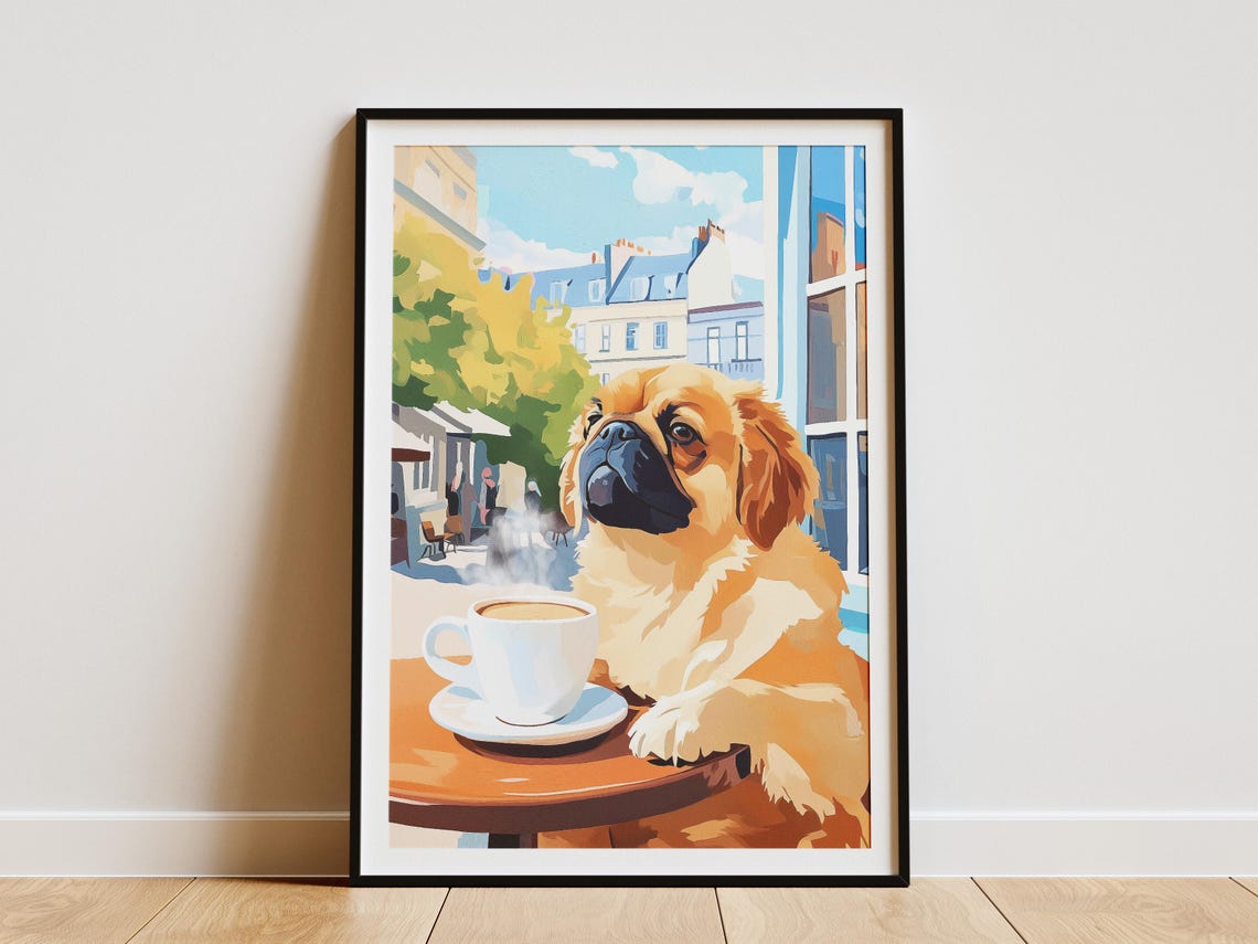 Pekingese Dog Art Print Cozy Cafe Coffee Poster Matisse Style Wall Lover Gift Decor Breed